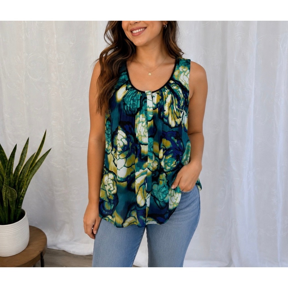 Worthington Floral Sleeveless Blouse Pleated Front Officewear Top Large